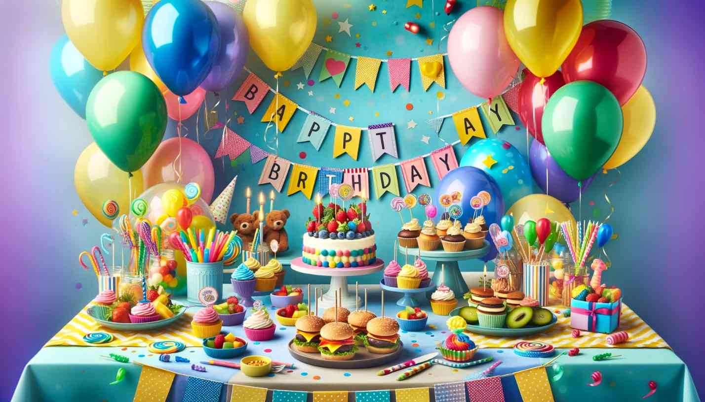 Bright kids' party setup from Captain Joe Catering with balloons, 'Happy Birthday' banner, and a spread of cakes, cupcakes, and burgers